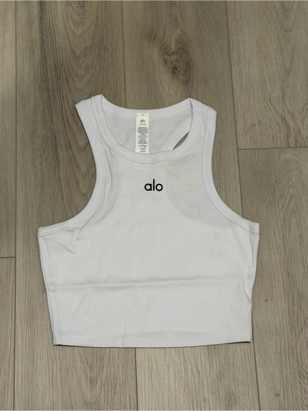 ALO Yoga White Ribbed Crop Tank with Black Logo - Picture 2 of 5